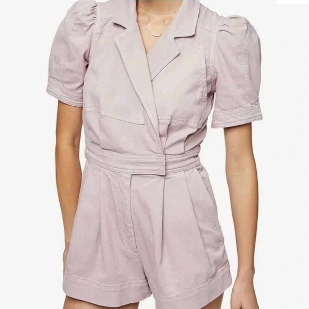 7 For All Mankind Short Sleeve Seamed Twill Romper In Soft Lavender Small